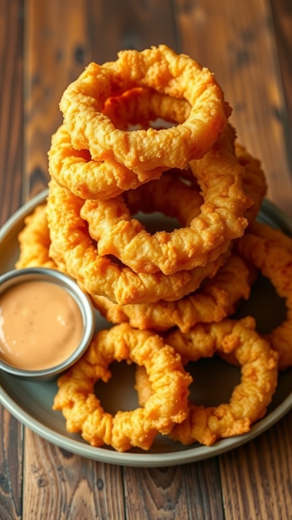 Crispy onion rings served on a plate with dipping sauce on a rustic table.